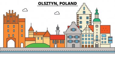 Olsztyn, Polonya. Şehir manzarası, mimari, binalar, caddeler, siluet, manzara, panorama, yerler. Düzenlenebilir vuruş. Düz çizgi vektör çizim tasarım. İzole Icons set