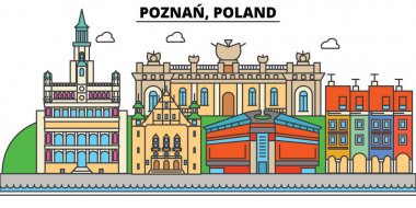 Poznan, Polonya. Şehir manzarası, mimari, binalar, caddeler, siluet, manzara, panorama, yerler. Düzenlenebilir vuruş. Düz çizgi vektör çizim tasarım. İzole Icons set