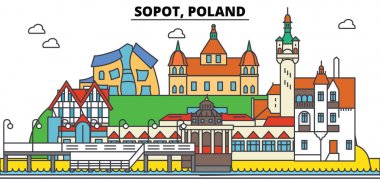Sopot, Polonya. Şehir manzarası, mimari, binalar, caddeler, siluet, manzara, panorama, yerler. Düzenlenebilir vuruş. Düz çizgi vektör çizim tasarım. İzole Icons set
