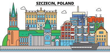 Szczecin, Polonya. Şehir manzarası, mimari, binalar, caddeler, siluet, manzara, panorama, yerler. Düzenlenebilir vuruş. Düz çizgi vektör çizim tasarım. İzole Icons set