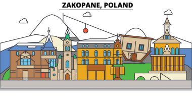 Zakopane, Polonya. Şehir manzarası, mimari, binalar, caddeler, siluet, manzara, panorama, yerler. Düzenlenebilir vuruş. Düz çizgi vektör çizim tasarım. İzole Icons set