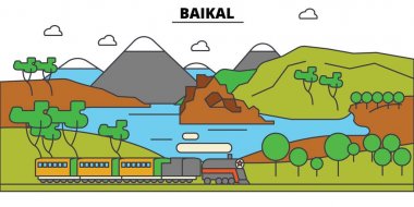 Rusya, Baykal Gölü, Gölü. Şehir manzarası, mimari, binalar, caddeler, siluet, manzara, panorama, yerler. Düzenlenebilir vuruş. Düz çizgi vektör çizim tasarım. İzole Icons set