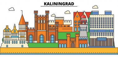 Rusya, Kaliningrad, Prusya. Şehir manzarası, mimari, binalar, caddeler, siluet, manzara, panorama, yerler. Düzenlenebilir vuruş. Düz çizgi vektör çizim tasarım. İzole simgeler