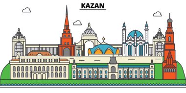 Rusya, Kazan. Şehir manzarası, mimari, binalar, caddeler, siluet, manzara, panorama, yerler. Düzenlenebilir vuruş. Düz çizgi vektör çizim tasarım. İzole Icons set
