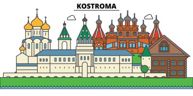 Rusya, Kostroma. Şehir manzarası, mimari, binalar, caddeler, siluet, manzara, panorama, yerler. Düzenlenebilir vuruş. Düz çizgi vektör çizim tasarım. İzole Icons set