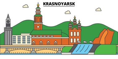 Rusya Krasnoyarsk. Şehir manzarası, mimari, binalar, caddeler, siluet, manzara, panorama, yerler. Düzenlenebilir vuruş. Düz çizgi vektör çizim tasarım. İzole Icons set