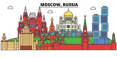 Rusya, Moskova. Şehir manzarası, mimari, binalar, caddeler, siluet, manzara, panorama, yerler. Düzenlenebilir vuruş. Düz çizgi vektör çizim tasarım. İzole Icons set