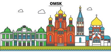 Rusya Omsk. Şehir manzarası, mimari, binalar, caddeler, siluet, manzara, panorama, yerler. Düzenlenebilir vuruş. Düz çizgi vektör çizim tasarım. İzole Icons set