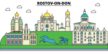 Rusya, Rostov On Don. Şehir manzarası, mimari, binalar, caddeler, siluet, manzara, panorama, yerler. Düzenlenebilir vuruş. Düz çizgi vektör çizim tasarım. İzole Icons set