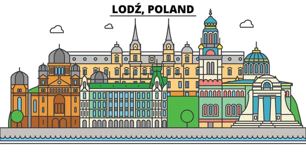 Lengyelország, Lodz. Városára, építészet, épületek, utcák, silhouette, táj, panoráma, tereptárgyak. Szerkeszthető stroke. Lapos kivitel vektoros illusztráció koncepciójában. Elszigetelt ikonok beállítása — Stock Vector