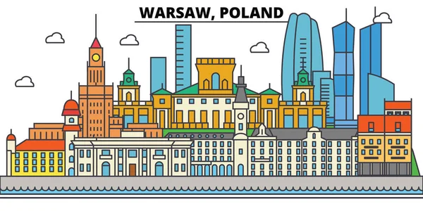 Lengyelország, Varsó. Városára, építészet, épületek, utcák, silhouette, táj, panoráma, tereptárgyak. Szerkeszthető stroke. Lapos kivitel vektoros illusztráció koncepciójában. Elszigetelt ikonok beállítása — Stock Vector