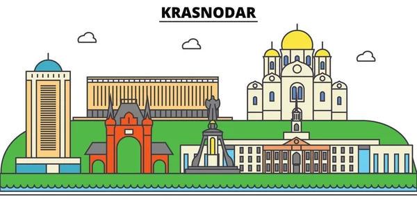 Rusia, Kransodar. Ciudad horizonte, arquitectura, edificios, calles, silueta, paisaje, panorama, monumentos. Golpes editables. Diseño plano línea vector concepto de ilustración. Conjunto de iconos aislados — Vector de stock