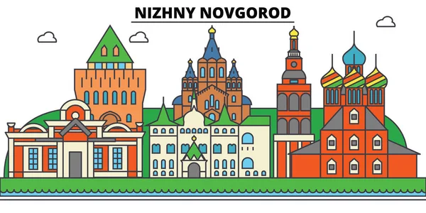 Rusya, Nizhny Novgorod. Şehir manzarası, mimari, binalar, caddeler, siluet, manzara, panorama, yerler. Düzenlenebilir vuruş. Düz çizgi vektör çizim tasarım. İzole Icons set