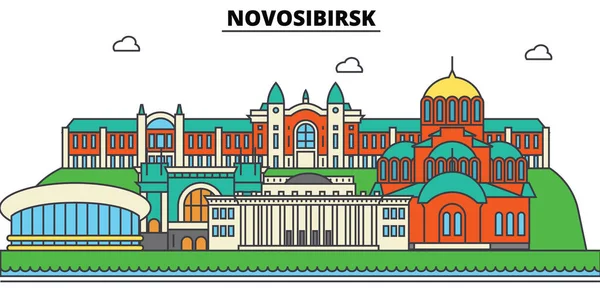 Rusia, Novosibirsk. Ciudad horizonte, arquitectura, edificios, calles, silueta, paisaje, panorama, monumentos. Golpes editables. Diseño plano línea vector concepto de ilustración. Conjunto de iconos aislados — Vector de stock