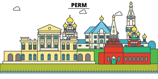 Rusko, Perm. Panorama města, architektura, budovy, ulice, silueta, krajina, panorama, zajímavosti. Upravitelné tahy. Plochý design vyvázání vektorové ilustrace. Izolované ikony nastavit — Stockový vektor