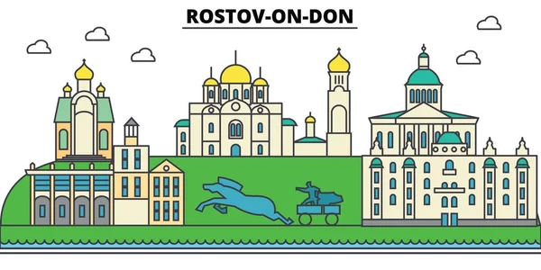 Russia, Rostov On Don. City skyline, architecture, buildings, streets, silhouette, landscape, panorama, landmarks. Editable strokes. Flat design line vector illustration concept. Isolated icons set — Stock Vector