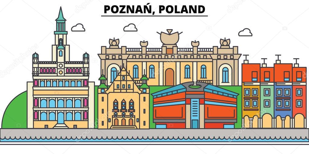 Poland, Poznan. City skyline, architecture, buildings, streets, silhouette, landscape, panorama, landmarks. Editable strokes. Flat design line vector illustration concept. Isolated icons set
