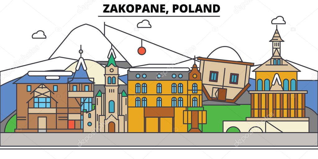 Poland, Zakopane. City skyline, architecture, buildings, streets, silhouette, landscape, panorama, landmarks. Editable strokes. Flat design line vector illustration concept. Isolated icons set