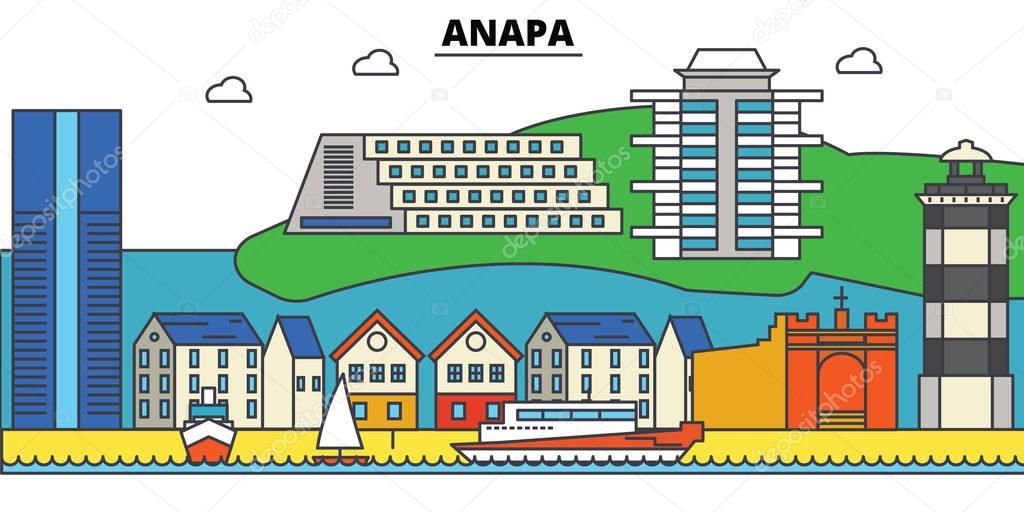 Russia, Anapa, black sea. City skyline, architecture, buildings, streets, silhouette, landscape, panorama, landmarks. Editable strokes. Flat design line vector illustration concept. Isolated icons set