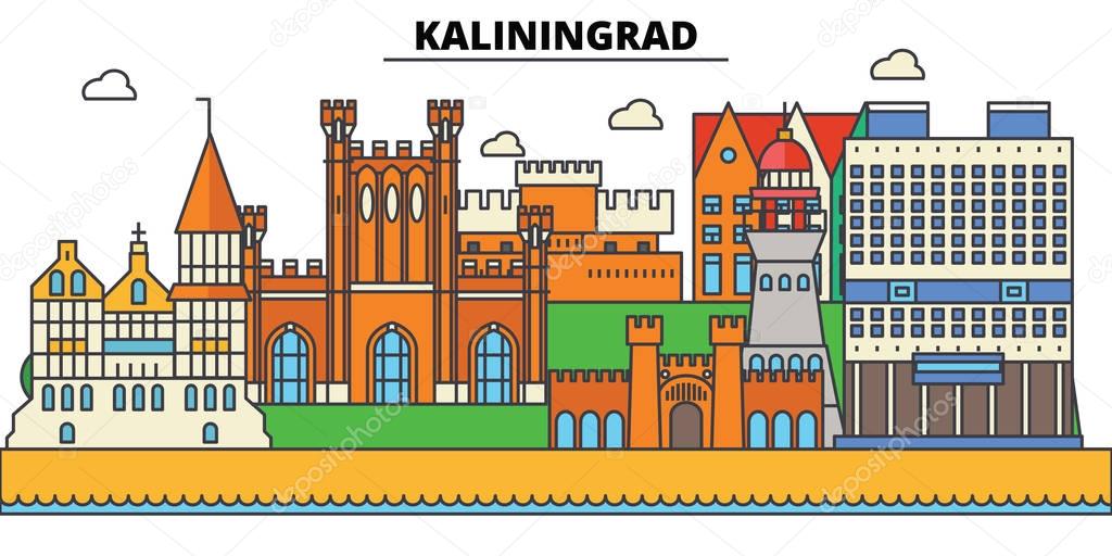 Russia, Kaliningrad, prussia. City skyline, architecture, buildings, streets, silhouette, landscape, panorama, landmarks. Editable strokes. Flat design line vector illustration concept. Isolated icons