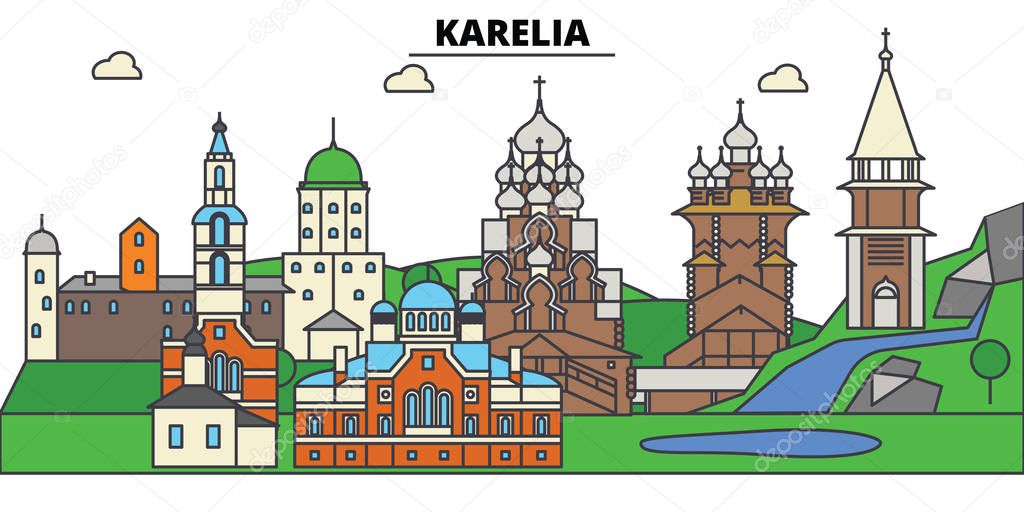 Russia, Karelia, Petrozavodsk. City skyline, architecture, buildings, streets, silhouette, landscape, panorama, landmarks. Editable strokes. Flat design line vector illustration concept.