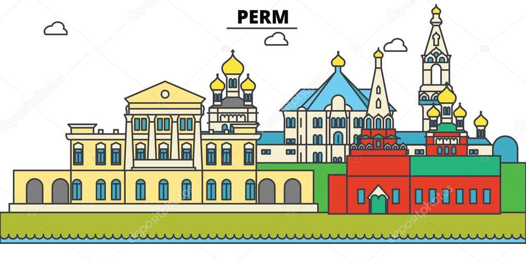 Russia, Perm. City skyline, architecture, buildings, streets, silhouette, landscape, panorama, landmarks. Editable strokes. Flat design line vector illustration concept. Isolated icons set