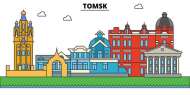 Rusya, Tomsk. Şehir manzarası, mimari, binalar, caddeler, siluet, manzara, panorama, yerler. Düzenlenebilir vuruş. Düz çizgi vektör çizim tasarım. İzole Icons set