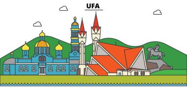 Rusya, Ufa. Şehir manzarası, mimari, binalar, caddeler, siluet, manzara, panorama, yerler. Düzenlenebilir vuruş. Düz çizgi vektör çizim tasarım. İzole Icons set