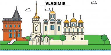 Rusya, Vladimir. Şehir manzarası, mimari, binalar, caddeler, siluet, manzara, panorama, yerler. Düzenlenebilir vuruş. Düz çizgi vektör çizim tasarım. İzole Icons set