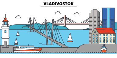 Rusya, Vladivostok. Şehir manzarası, mimari, binalar, caddeler, siluet, manzara, panorama, yerler. Düzenlenebilir vuruş. Düz çizgi vektör çizim tasarım. İzole Icons set