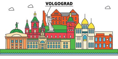 Rusya, Volgograd. Şehir manzarası, mimari, binalar, caddeler, siluet, manzara, panorama, yerler. Düzenlenebilir vuruş. Düz çizgi vektör çizim tasarım. İzole Icons set