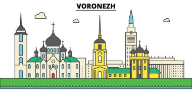 Rusya, Voronezh. Şehir manzarası, mimari, binalar, caddeler, siluet, manzara, panorama, yerler. Düzenlenebilir vuruş. Düz çizgi vektör çizim tasarım. İzole Icons set