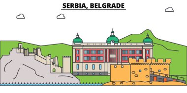 Belgrad, Sırbistan. Şehir manzarası, mimari, binalar, caddeler, siluet, manzara, panorama, yerler. Düzenlenebilir vuruş. Düz çizgi vektör çizim tasarım. İzole Icons set