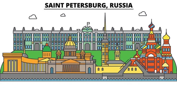 Ryssland, Sankt Petersburg. Stadens skyline, arkitektur, byggnader, gator, siluett, landskap, panorama, sevärdheter. Redigerbara stroke. Platt design line vektor illustration koncept. Isolerade ikoner set — Stock vektor