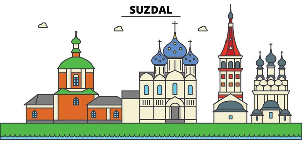 Rusko, Suzdal. Panorama města, architektura, budovy, ulice, silueta, krajina, panorama, zajímavosti. Upravitelné tahy. Plochý design vyvázání vektorové ilustrace. Izolované ikony nastavit — Stockový vektor