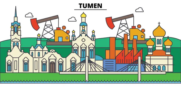 Rusya, Tümen. Şehir manzarası, mimari, binalar, caddeler, siluet, manzara, panorama, yerler. Düzenlenebilir vuruş. Düz çizgi vektör çizim tasarım. İzole Icons set