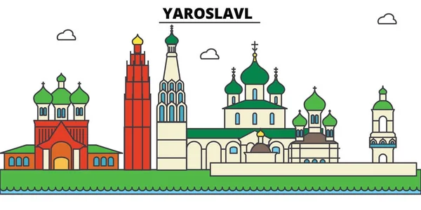 Russland, Jaroslawl. Stadtsilhouette, Architektur, Gebäude, Straßen, Silhouette, Landschaft, Panorama, Wahrzeichen. editierbare Striche. flache Design Line Vektor Illustrationskonzept. Ikonen gesetzt — Stockvektor