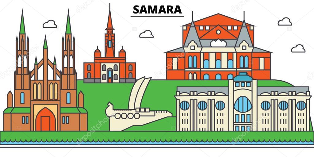 Russia, Samara. City skyline, architecture, buildings, streets, silhouette, landscape, panorama, landmarks. Editable strokes. Flat design line vector illustration concept. Isolated icons set