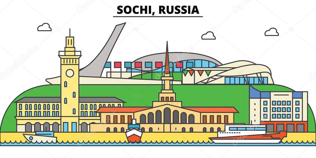 Russia, Sochi. City skyline, architecture, buildings, streets, silhouette, landscape, panorama, landmarks. Editable strokes. Flat design line vector illustration concept. Isolated icons set