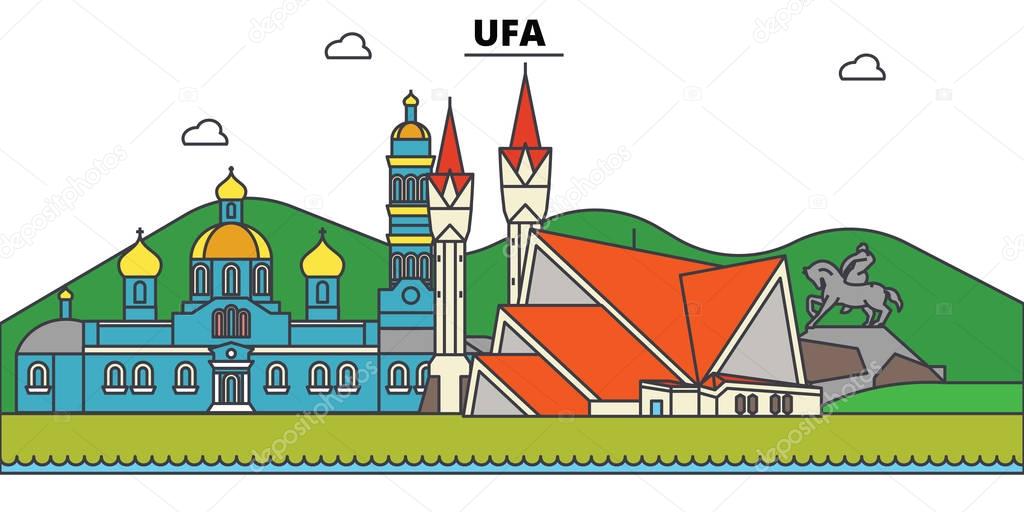 Russia, Ufa. City skyline, architecture, buildings, streets, silhouette, landscape, panorama, landmarks. Editable strokes. Flat design line vector illustration concept. Isolated icons set