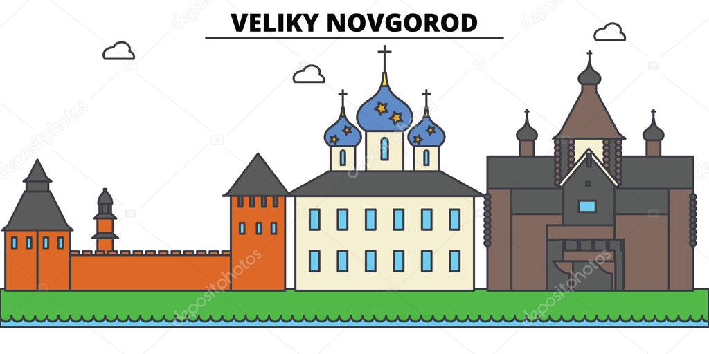 Russia, Veliki Novgorod. City skyline, architecture, buildings, streets, silhouette, landscape, panorama landmarks Editable strokes Flat design line vector illustration concept Isolated icons