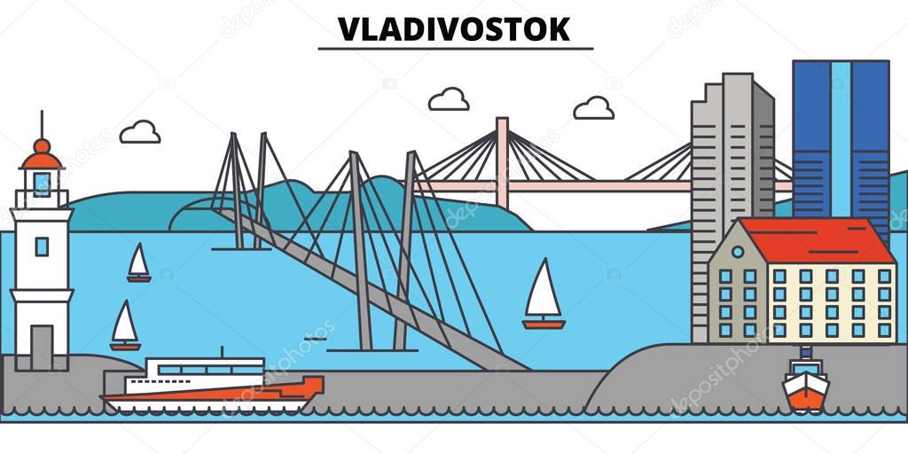 Russia, Vladivostok. City skyline, architecture, buildings, streets, silhouette, landscape, panorama, landmarks. Editable strokes. Flat design line vector illustration concept. Isolated icons set