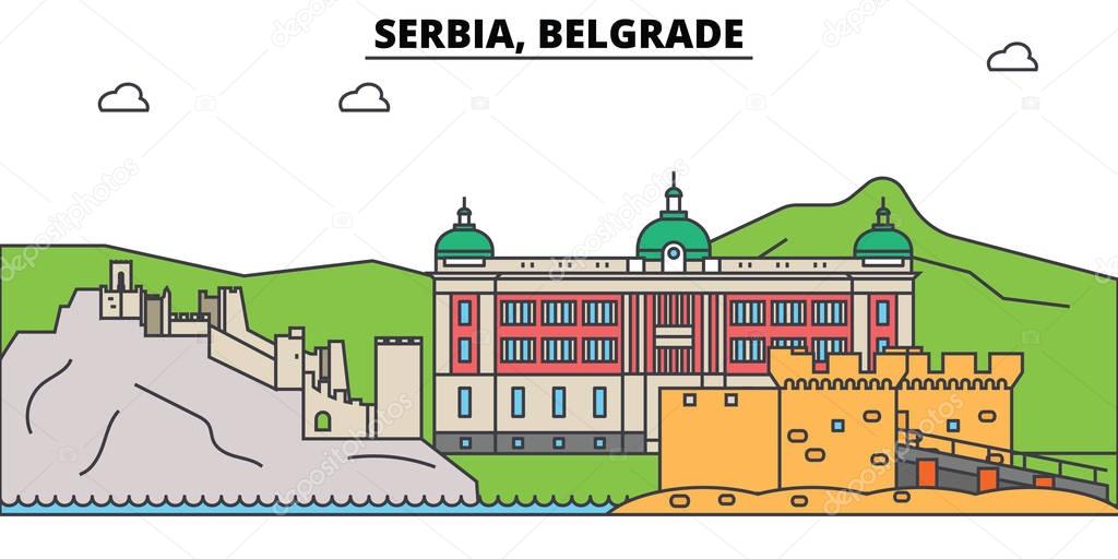Serbia, Belgrade. City skyline, architecture, buildings, streets, silhouette, landscape, panorama, landmarks. Editable strokes. Flat design line vector illustration concept. Isolated icons set