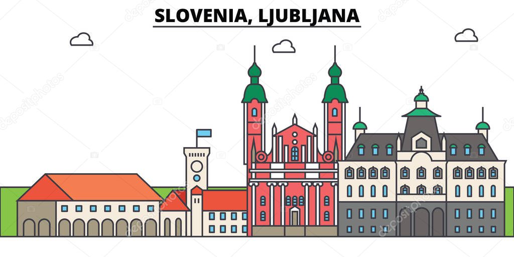 Slovenia, Ljubljana. City skyline, architecture, buildings, streets, silhouette, landscape, panorama, landmarks. Editable strokes. Flat design line vector illustration concept. Isolated icons set