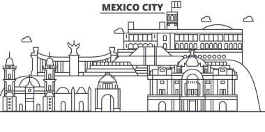 Mexico City mimari satır manzarası illüstrasyon. Doğrusal vektör cityscape ünlü simge, şehir manzaraları, tasarım simgeler. Düzenlenebilir darbeleri ile manzara