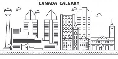 Kanada, Calgary mimari satır manzarası illüstrasyon. Doğrusal vektör cityscape ünlü simge, şehir manzaraları, tasarım simgeler. Düzenlenebilir darbeleri ile manzara