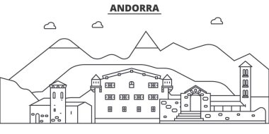 Andorra mimari satır manzarası illüstrasyon. Doğrusal vektör cityscape ünlü simge, şehir manzaraları, tasarım simgeler. Düzenlenebilir darbeleri ile manzara