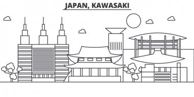 Japonya, Kawasaki mimari satır manzarası illüstrasyon. Doğrusal vektör cityscape ünlü simge, şehir manzaraları, tasarım simgeler. Düzenlenebilir darbeleri ile manzara