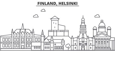 Finlandiya, Helsinki mimari satır manzarası illüstrasyon. Doğrusal vektör cityscape ünlü simge, şehir manzaraları, tasarım simgeler. Düzenlenebilir darbeleri ile manzara