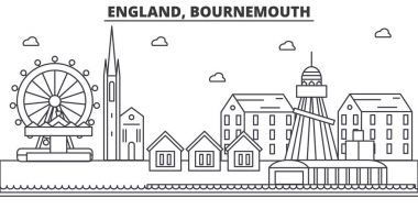 İngiltere Bournemouth mimari satır manzarası illüstrasyon. Doğrusal vektör cityscape ünlü simge, şehir manzaraları, tasarım simgeler. Düzenlenebilir darbeleri ile manzara
